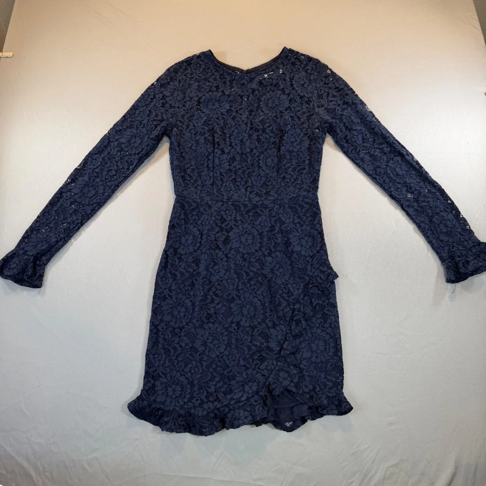 Navy Blue Lace Long Sleeve Ruffle Mini Dress Womens US‎ M Romantic Cocktail Date